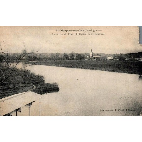 Carte postale ancienne de Montpon-sur-l’Isle représentant les rives de l’Isle et l’église de Ménestérol en Dordogne