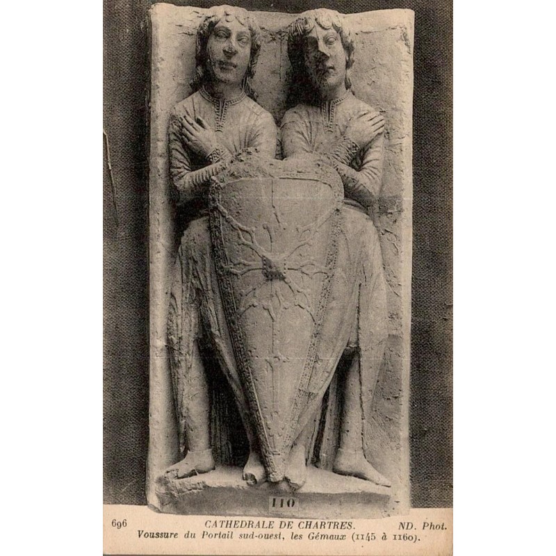 Carte postale ancienne ND Phot des voussures du portail sud-ouest de la cathédrale de Chartres représentant les Gémeaux