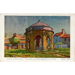Carte postale ancienne de Villeneuve-lès-Avignon représentant le cloître et le puits Saint-Jean en aquarelle