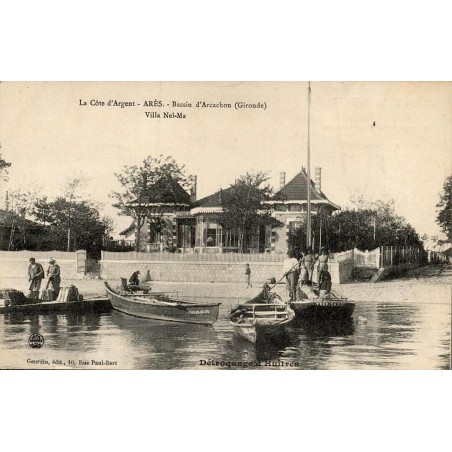 Carte postale ancienne Arès Villa Nel-Ma détroquage d’huîtres Bassin d’Arcachon