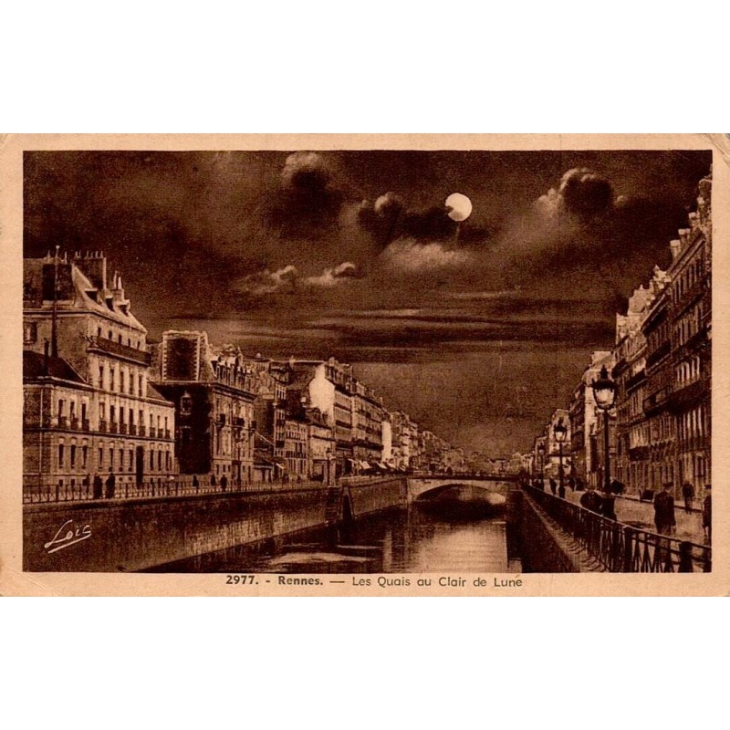 Carte postale ancienne Rennes les quais au clair de lune en Ille-et-Vilaine