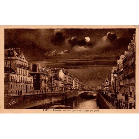 Carte postale ancienne Rennes les quais au clair de lune en Ille-et-Vilaine
