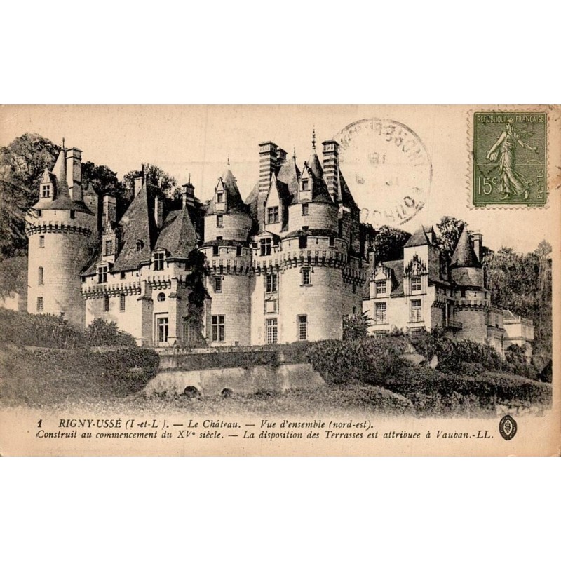 Carte postale ancienne Rigny-Ussé château vue d’ensemble nord-est en Indre-et-Loire édition LL