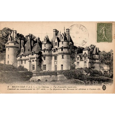 Carte postale ancienne Rigny-Ussé château vue d’ensemble nord-est en Indre-et-Loire édition LL