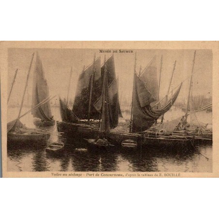 Carte postale ancienne Concarneau Voiles au Séchage au Port de Concarneau d’après le tableau de E Bouille Musée de Saumur