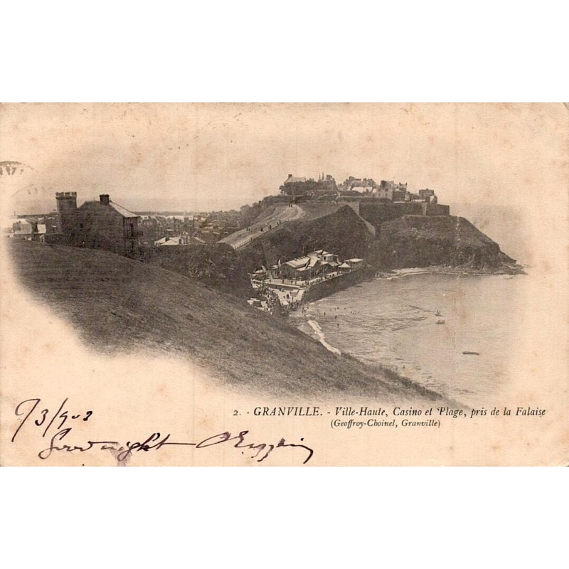 Carte postale ancienne Granville ville haute casino et plage pris de la falaise Manche vue panoramique du littoral normand