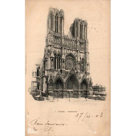 Carte postale ancienne Reims la Cathédrale Marne vue générale de la façade gothique du monument historique