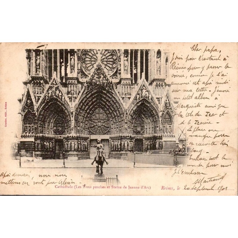 Carte postale ancienne Reims cathédrale les trois porches et statue de Jeanne d’Arc Marne façade gothique historique
