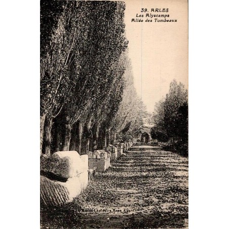 Carte postale ancienne de l’allée des tombeaux aux Alyscamps à Arles avec sarcophages alignés
