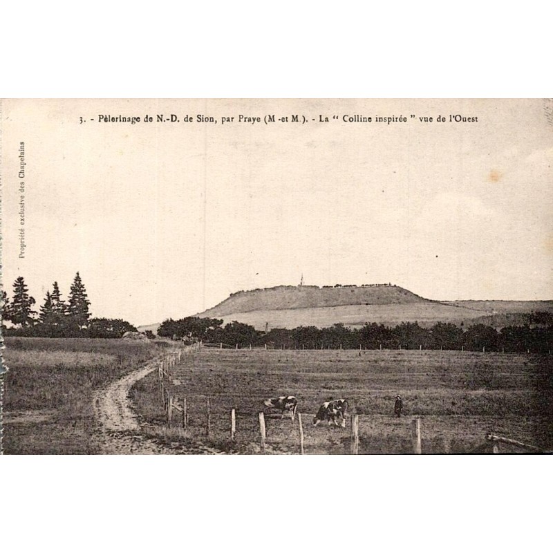Carte postale ancienne représentant la Colline inspirée de Notre-Dame de Sion vue de l’ouest à Praye en Meurthe-et-Moselle.
