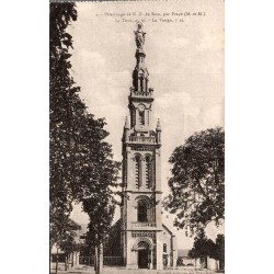 Carte postale ancienne représentant la tour de 45 mètres surmontée de la Vierge au sanctuaire de Notre-Dame de Sion à Praye.