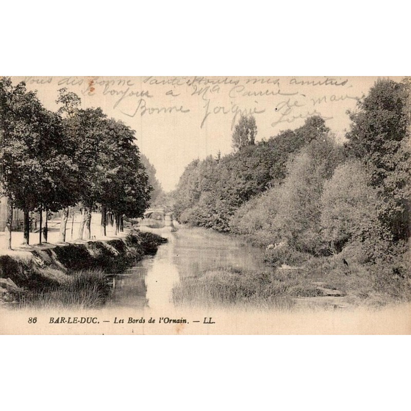 Carte postale ancienne représentant les bords de l’Ornain à Bar-le-Duc dans la Meuse au début du XXᵉ siècle.