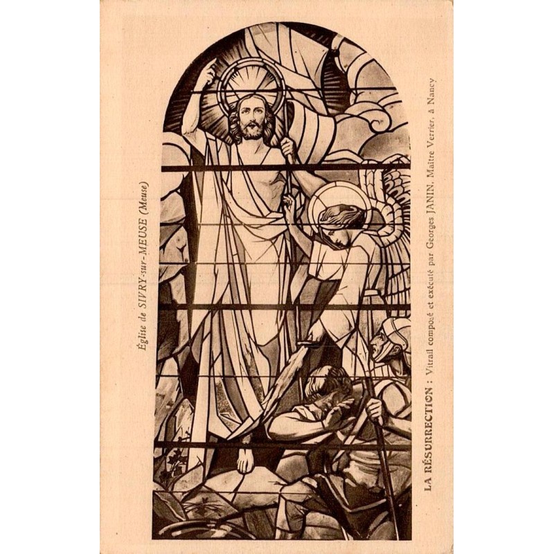 Carte postale ancienne de Sivry-sur-Meuse représentant le vitrail de la Résurrection réalisé par Georges Janin