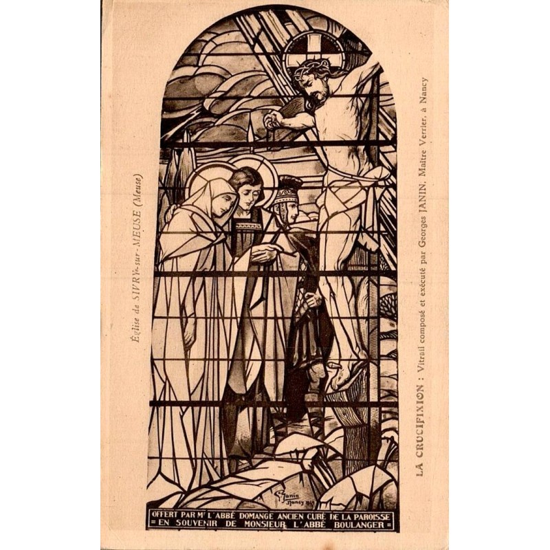 Carte postale ancienne de Sivry-sur-Meuse montrant le vitrail de la Crucifixion de Georges Janin dans l’église Saint-Rémi