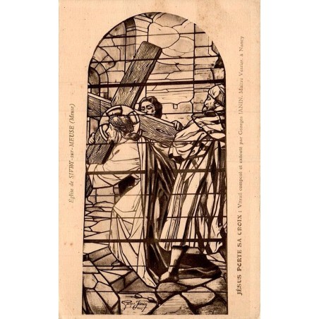 Carte postale ancienne de Sivry-sur-Meuse montrant le vitrail Jésus portant sa croix de Georges Janin