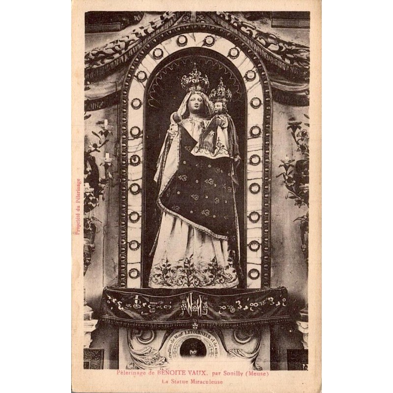 Carte postale ancienne de Benoîte-Vaux montrant la statue miraculeuse du pèlerinage