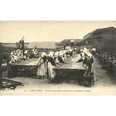 Reproduction de carte postale ancienne Port-Louis femmes des usines mettant leurs sardines à sécher  Morbihan