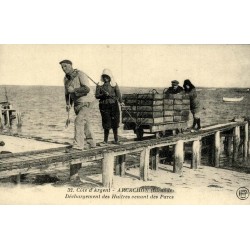 Reproduction de carte postale ancienne Arcachon déchargement des huîtres des parcs Collection Cartes d'Autrefois Gironde