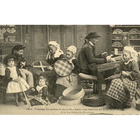 Reproduction de carte postale ancienne tissage de tamis et de cribles dans une famille de Bannalec  Finistère