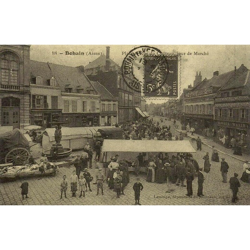 Reproduction de carte postale ancienne Bohain Place du Château jour de marché Collection Cartes d'Autrefois Aisne