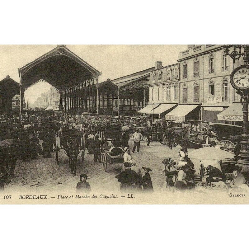 Reproduction de carte postale ancienne Bordeaux Place et Marché des Capucins Collection Cartes d'Autrefois Gironde