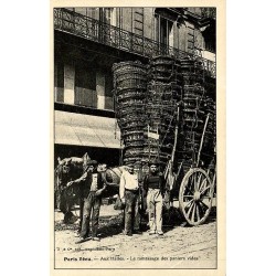 Reproduction de carte postale ancienne Paris Vécu aux Halles ramassage des paniers vides Collection Cartes d'Autrefois