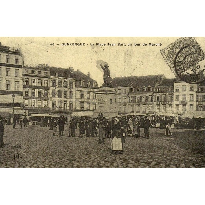 Reproduction de carte ancienne Dunkerque place Jean Bart un jour de marché Collection Cartes d'Autrefois