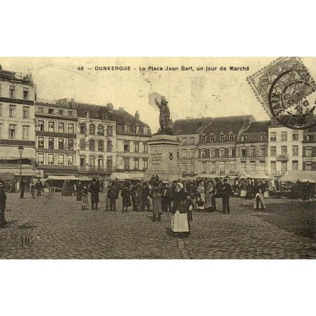 Reproduction de carte ancienne Dunkerque place Jean Bart un jour de marché Collection Cartes d'Autrefois