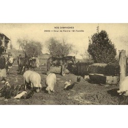 Reproduction de carte postale ancienne Collection Cartes d'Autrefois cour de ferme en famille scène rurale