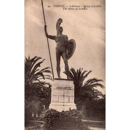 Carte postale ancienne Corfou Achilleion statue d’Achille circulée 1918 Ch Commas