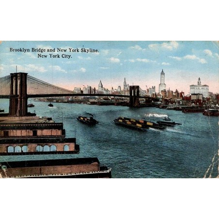 Brooklyn Bridge et skyline de New York carte postale ancienne circulée H Finklestein Son