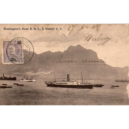 Washingtons Head RMS CV paquebot carte postale ancienne circulée 1908 éditeur S Vincent