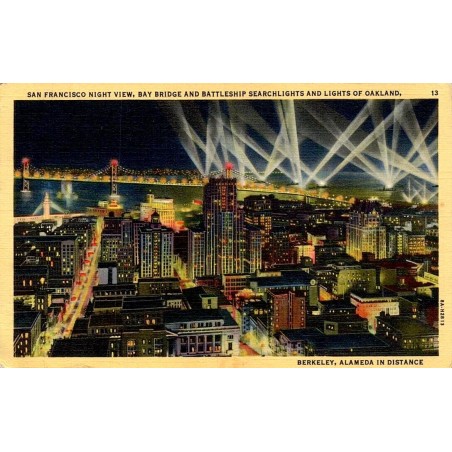 San Francisco Night View Bay Bridge Battleship Searchlights Oakland carte postale ancienne linen