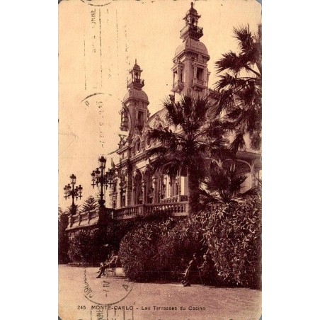 Monte Carlo les terrasses du Casino carte postale ancienne circulée 1928 Monaco