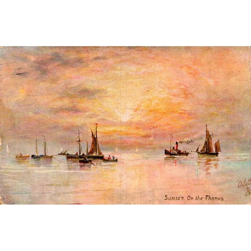 Sunset on the Thames Oilette Raphael Tuck carte postale ancienne coucher de soleil Tamise