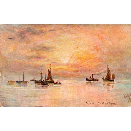 Sunset on the Thames Oilette Raphael Tuck carte postale ancienne coucher de soleil Tamise