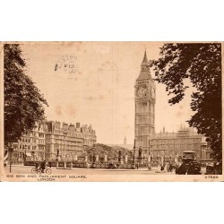 Carte postale ancienne Londres Big Ben et Parliament Square circulée 1933 éditée par B P Co Ltd