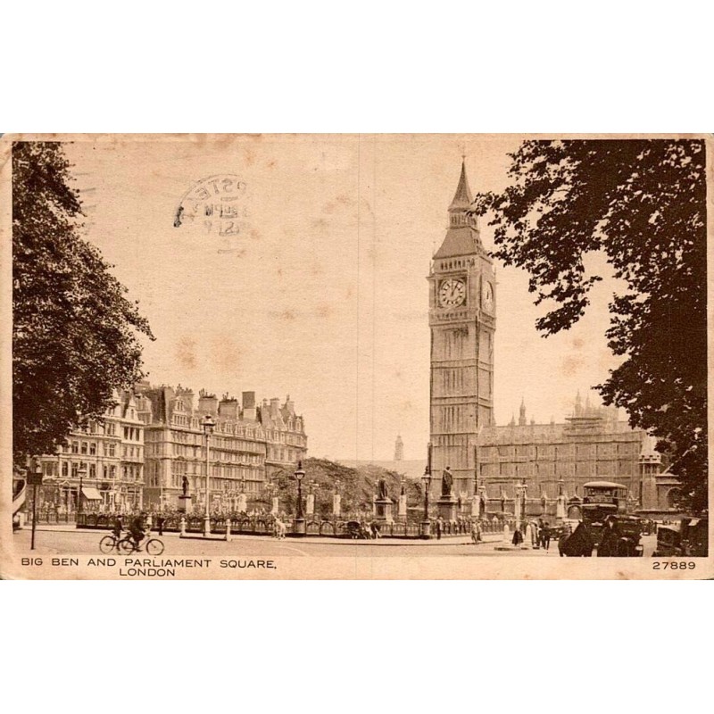 Carte postale ancienne Londres Big Ben et Parliament Square circulée 1933 éditée par B P Co Ltd