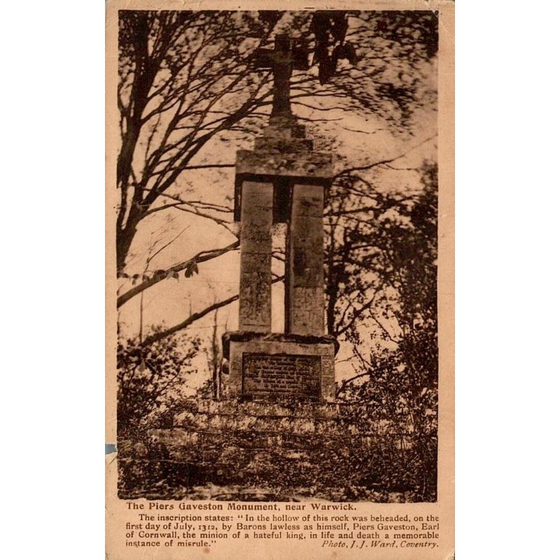 Carte postale ancienne Piers Gaveston Monument près de Warwick circulée 1935 éditée par J J Ward