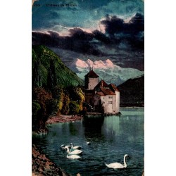 Carte postale ancienne Château de Chillon Suisse circulée en 1910 vue du château sur le Léman