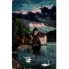 Carte postale ancienne Château de Chillon Suisse circulée en 1910 vue du château sur le Léman