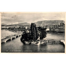 Carte postale ancienne Genève Île Jean-Jacques Rousseau et Mont Blanc circulée en 1937 éditée par Jaeger