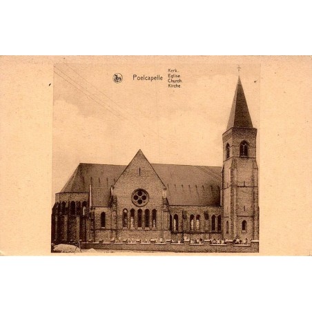 CPA non circulée représentant l'église de Poelcapelle reconstruite après la Première Guerre mondiale en Belgique.