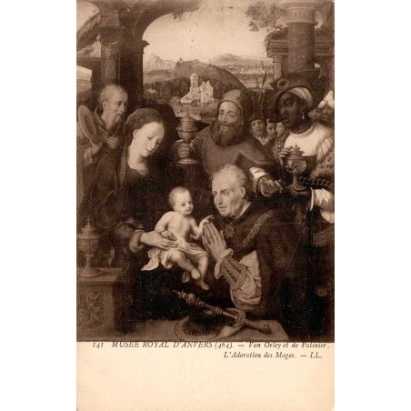 Carte postale ancienne reproduisant L'Adoration des Mages de Bernard van Orley et Joachim Patinier au Musée Royal d'Anvers.