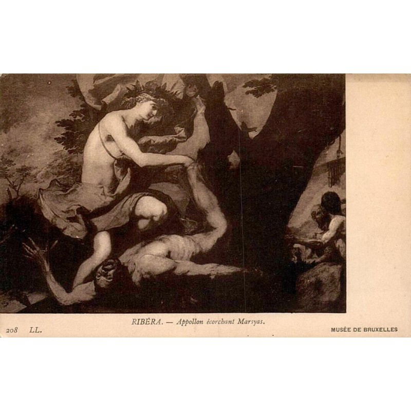 Carte postale ancienne reproduisant Apollon écorchant Marsyas de Jusepe de Ribera au Musée de Bruxelles, référence LL 208.