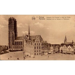 Carte postale ancienne non circulée de Malines représentant la Cathédrale Saint-Rombaut et l'Hôtel des Postes.