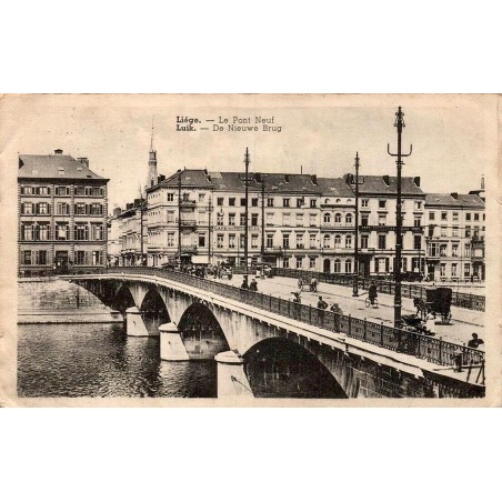 Carte postale ancienne circulée en 1938 représentant le Pont Neuf de Liège et les quais de la Meuse.