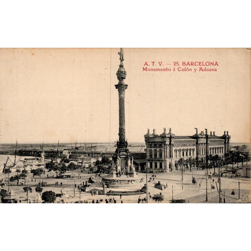 Carte postale ancienne Barcelone Monument à Colomb et Douanes A.T.V. n°25 Espagne
