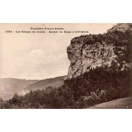 Carte postale ancienne des Gorges du Doubs avec le Rocher du Singe à Goumois frontière franco-suisse