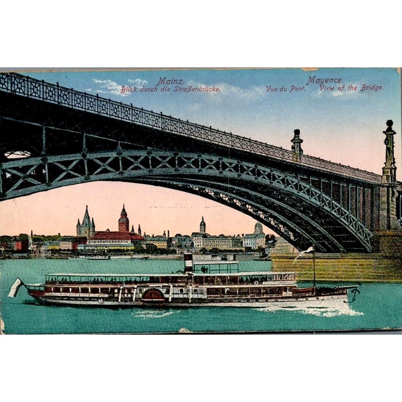 Carte postale ancienne CPA Mayence vue du pont sur le Rhin avec la cathédrale de Mainz et bateau à vapeur